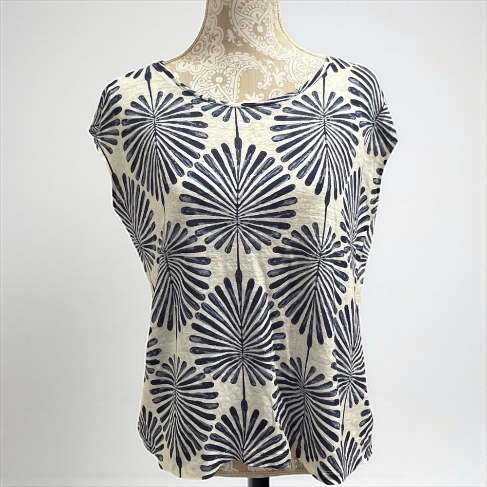 Joie 100% Linen Top Small Blue White Palm Print Short Sleeve Button Back Blouse